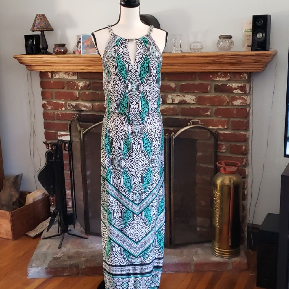 Teal, black and white maxi dress